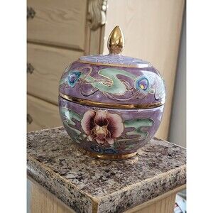 Vintage Chinoiserie Ginger Jar With Lid Purple Orchid & Blue Lily W Gold Accent